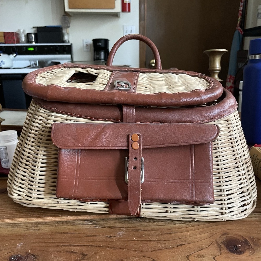 Vtg Wicker and Leather Creel Basket W/Pouch Made in British Hong Kong